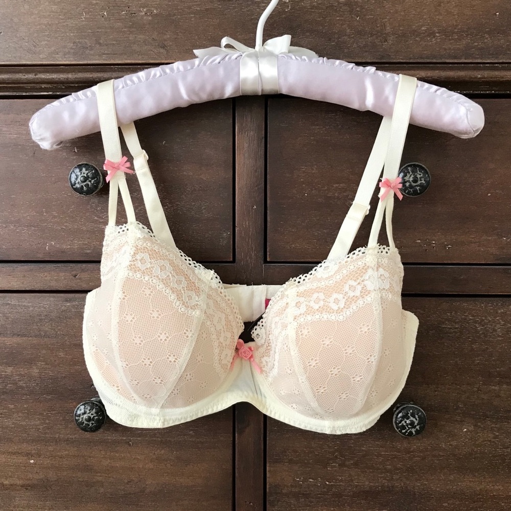 Betsey Johnson Cream Lace Balconette Bra with Pink Accents